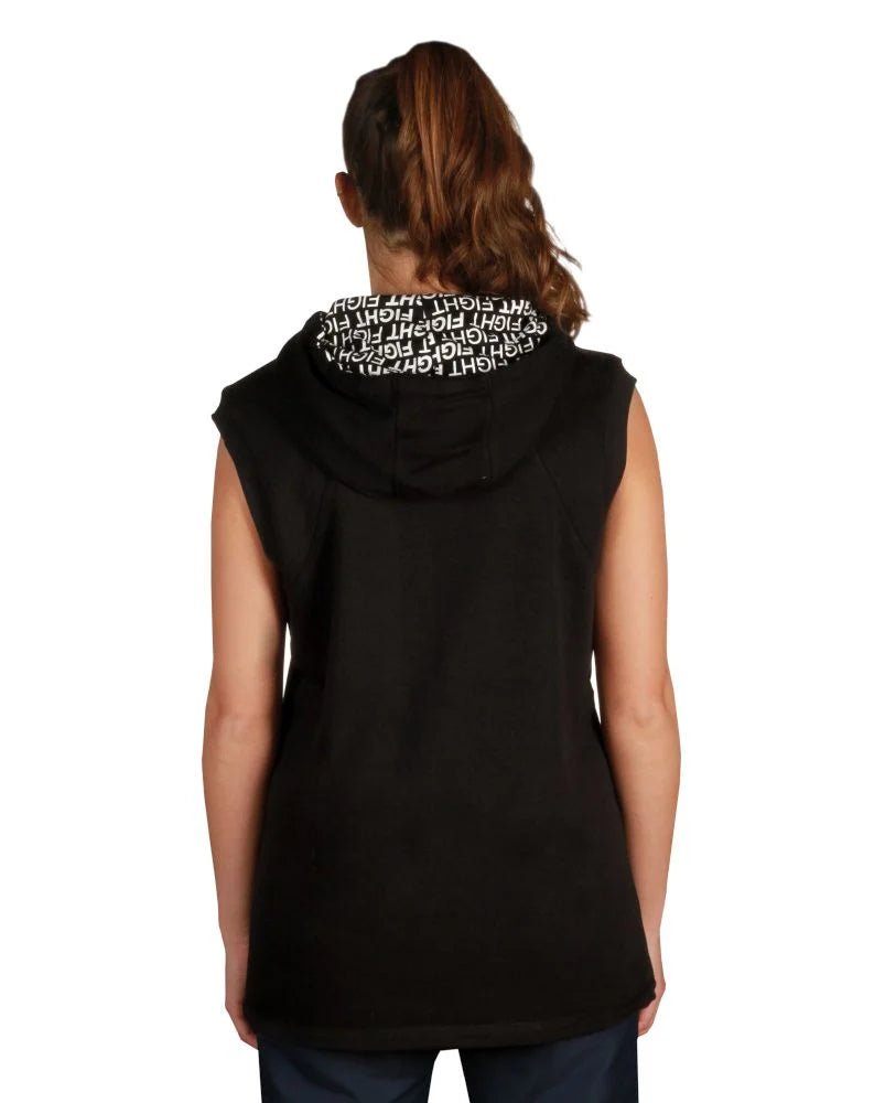 Détail du dos du sweat sans manches femme Itaki, axé sur la liberté de mouvement et les finitions techniques