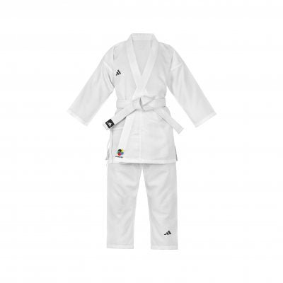 KARATEGI Adidas K150 Kumite alb aprobat WKF vedere frontală completă.