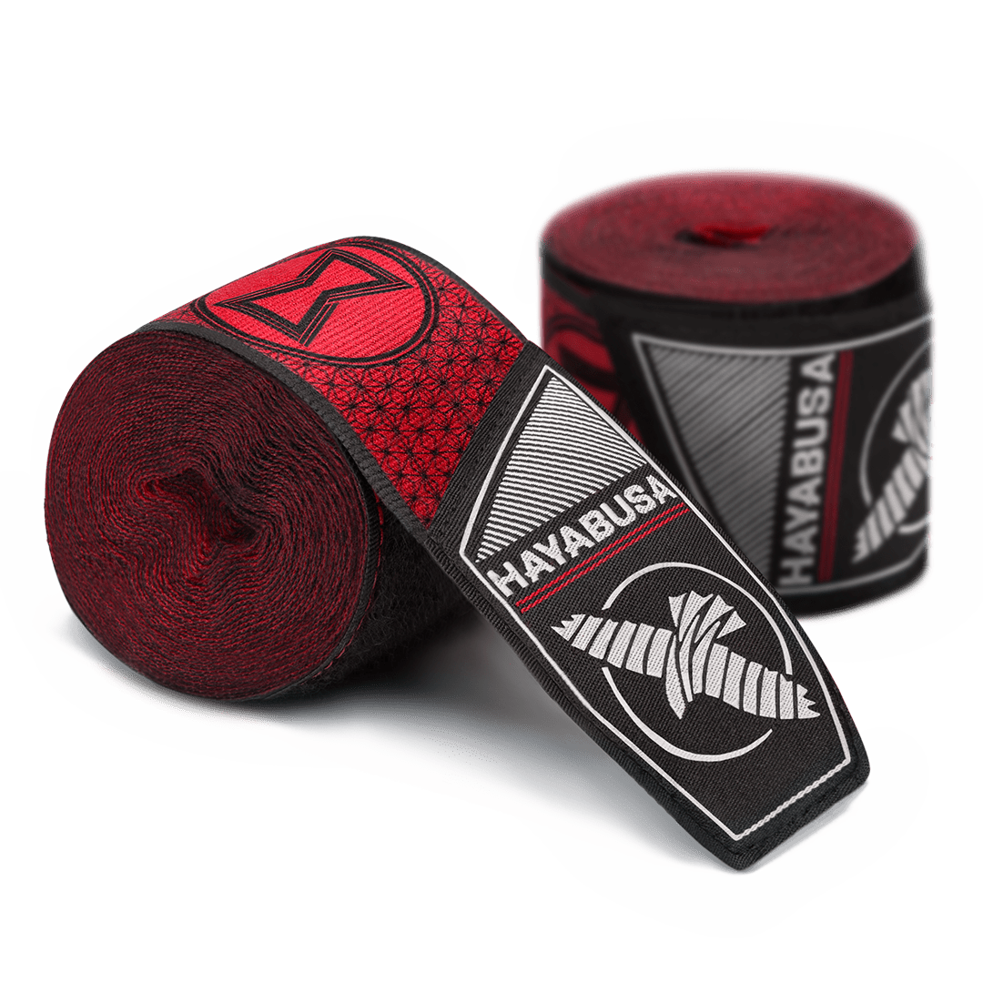 Pereche de bandaje rulate Hayabusa Marvel Hero Elite Black Widow cu sigla roșie de clepsidră