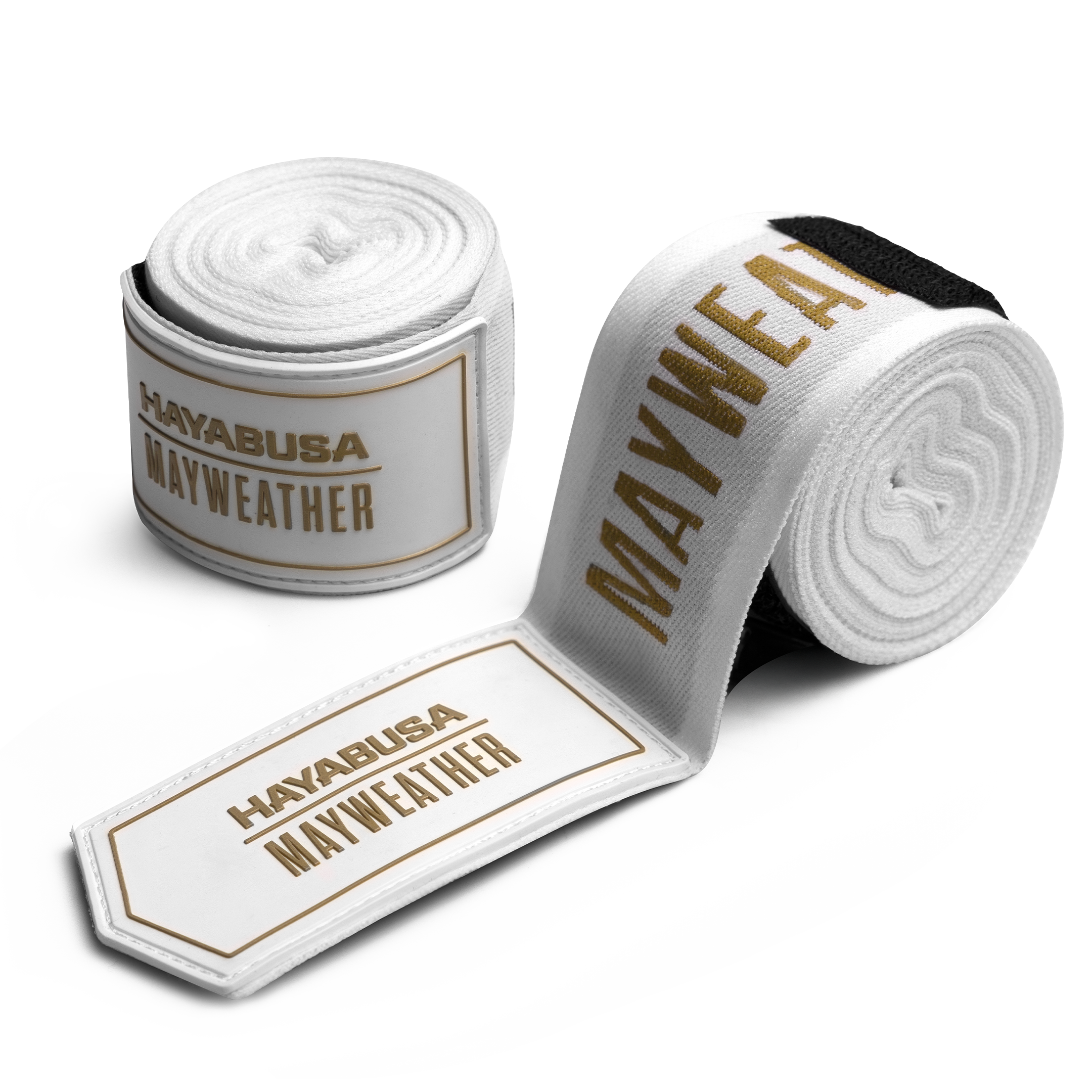 Coppia di bende da boxe Mayweather 180 pollici Deluxe bianche e oro arrotolate, vista principale
