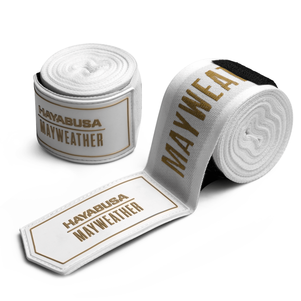 Ett par rullade Mayweather 180 tum Deluxe boxningsbandage i vitt och guld, huvudvy