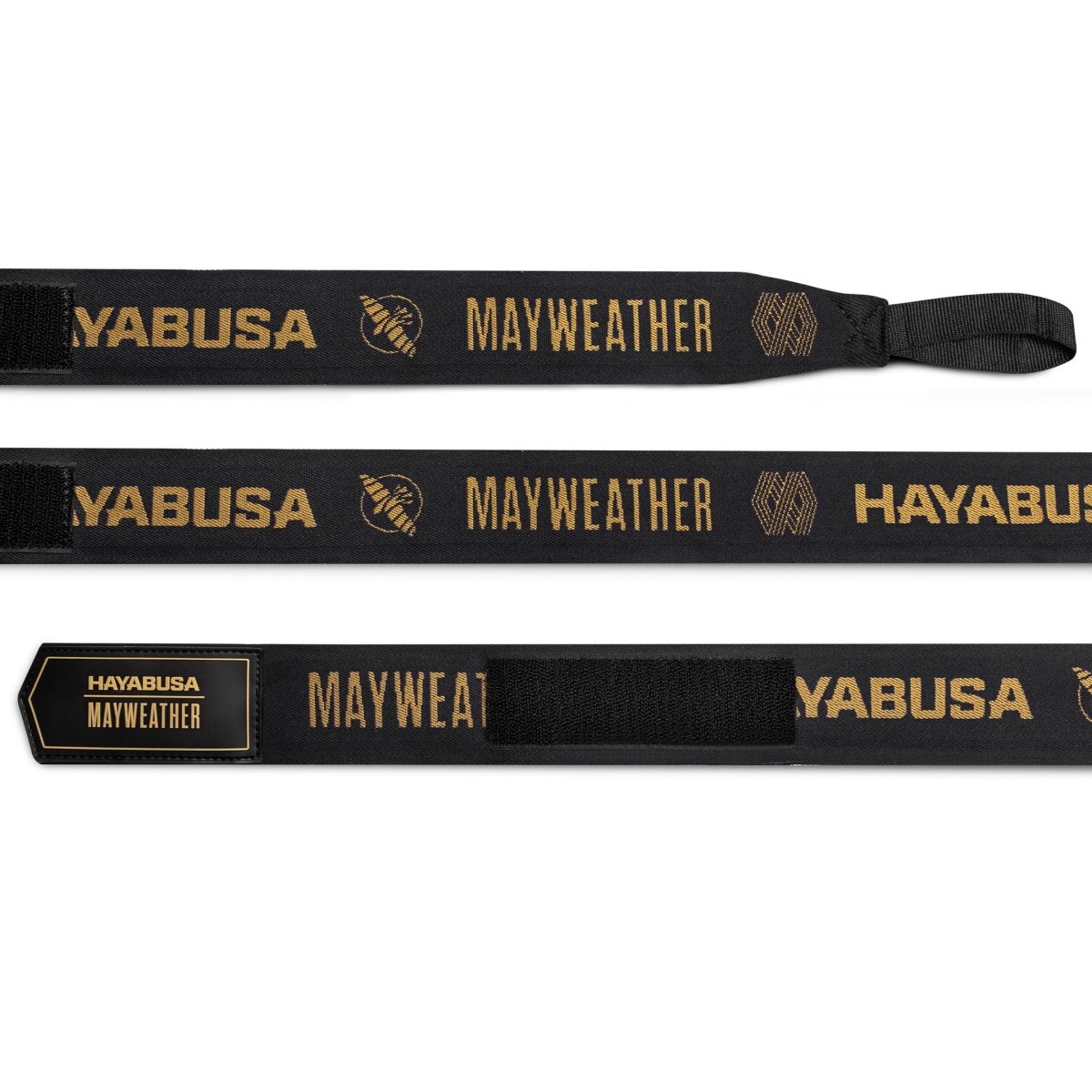 Mayweather Deluxe svart och guld boxningsbandage utrullade för att visa 4,5 meters längd