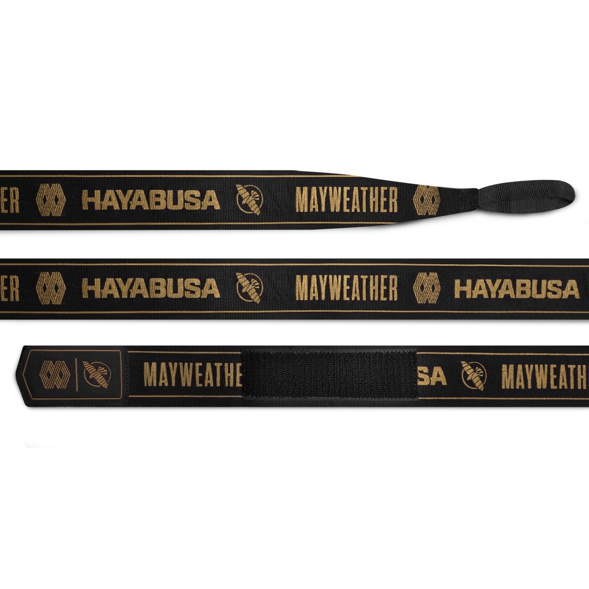 En närbild av ett svart och guld Mayweather Hayabusa 180 tums stretchbandage, delvis utrullat och draperat, som visar tygets struktur och guldmönstret med upprepande "MAYWEATHER"-bokstäver