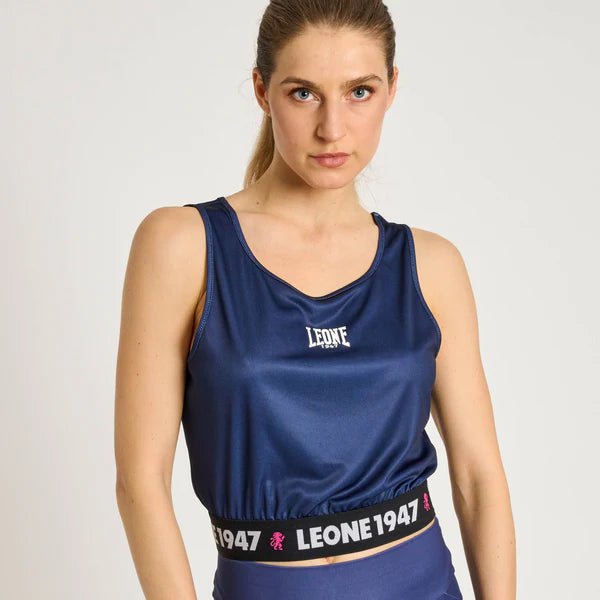LEONE Stripe '47 blauwe cropped tanktop voor dames met originele sportafbeeldingen