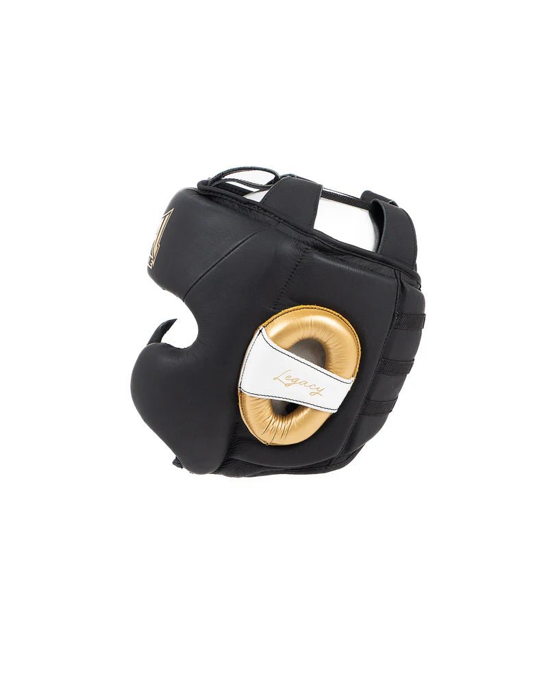 Vue latérale du casque Metal Boxe Legacy, détail des finitions cuir et or