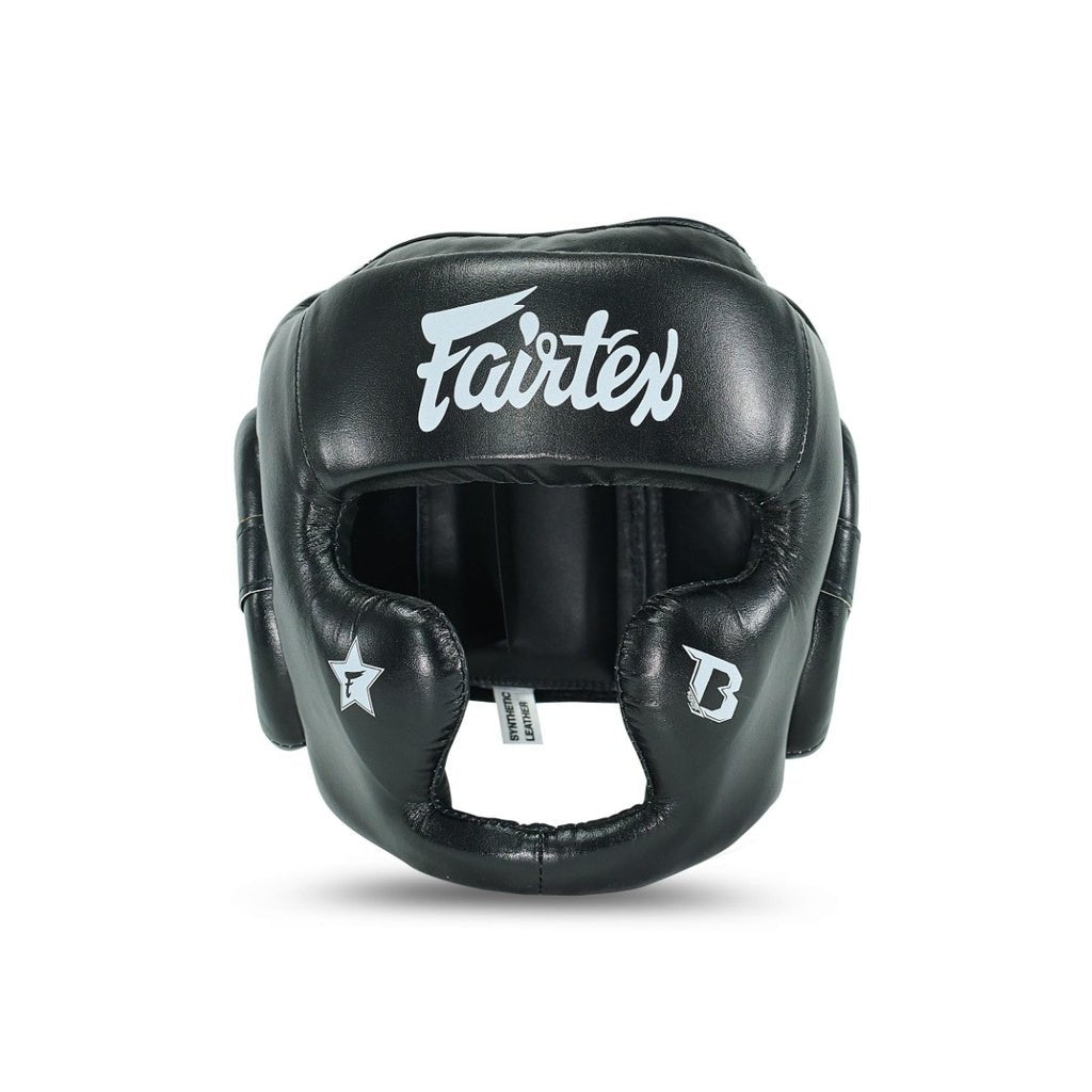 Front view of the black FXB Fairtex professional helmet with open-face design