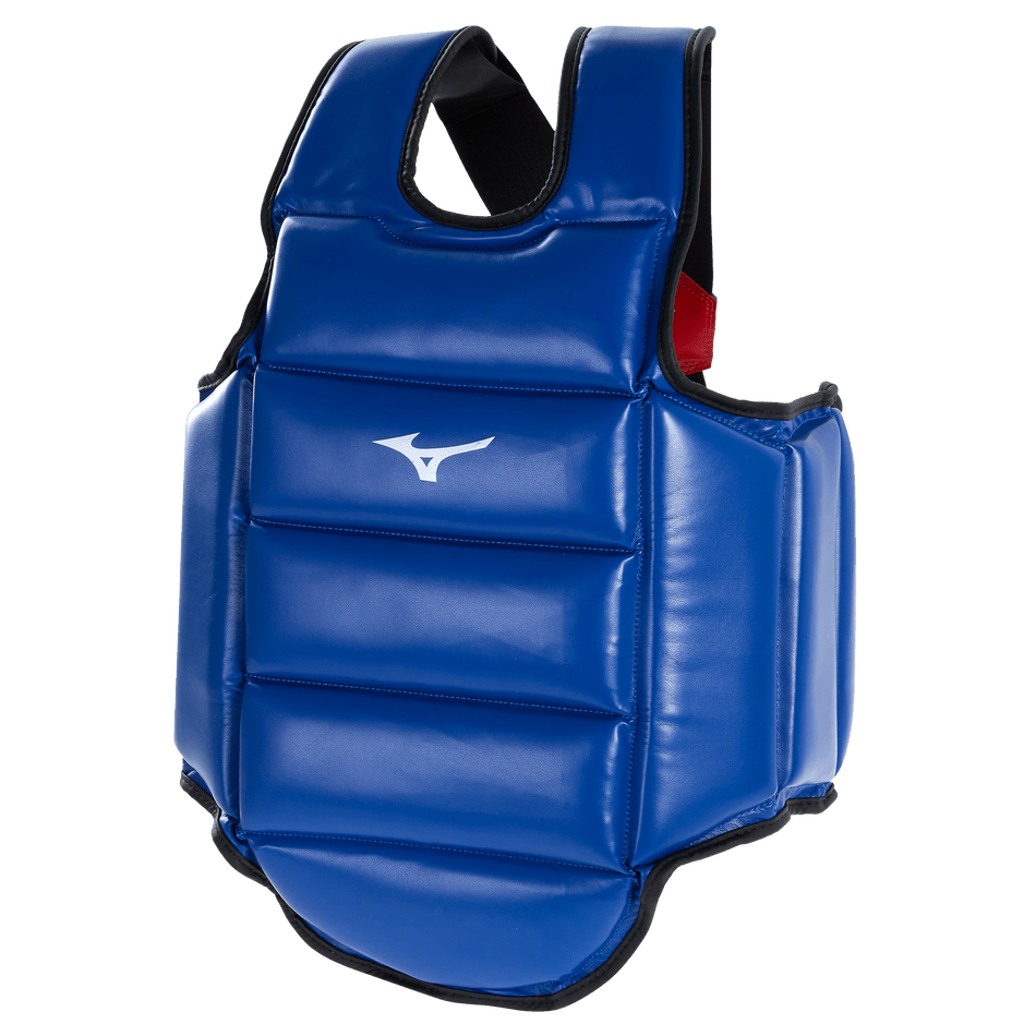 Vändbar Mizuno-väst för karate och kampsport med central Runbird-logga.