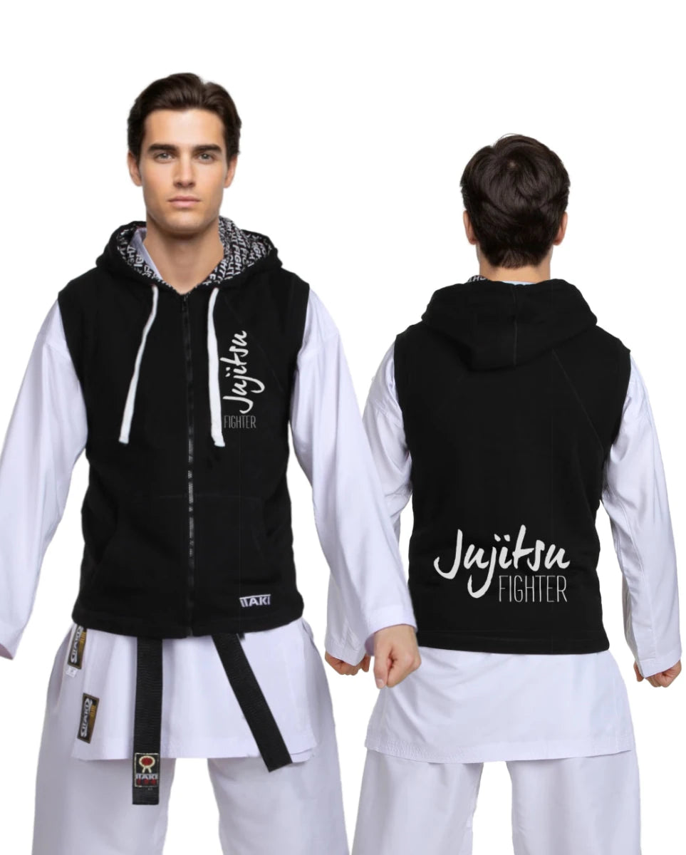 Sweat-shirt sans manches noir Jiu Jitsu Itaki avec capuche et zip pour les athlètes BJJ