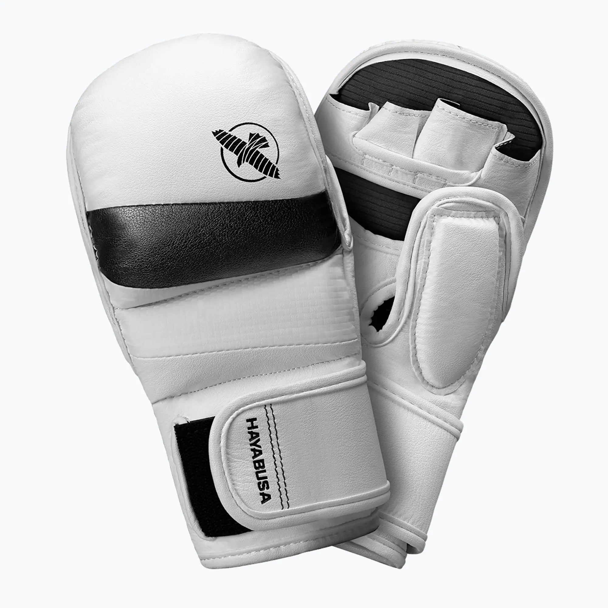 Guanti MMA Hayabusa T3 Hybrid 7oz bianchi, design moderno e tecnico per allenamenti di striking e lotta.