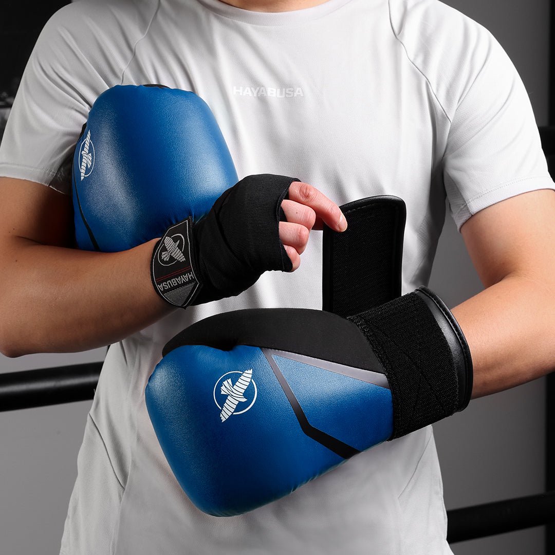 Luvas de boxe azuis Hayabusa E1 usadas prontas para sparring
