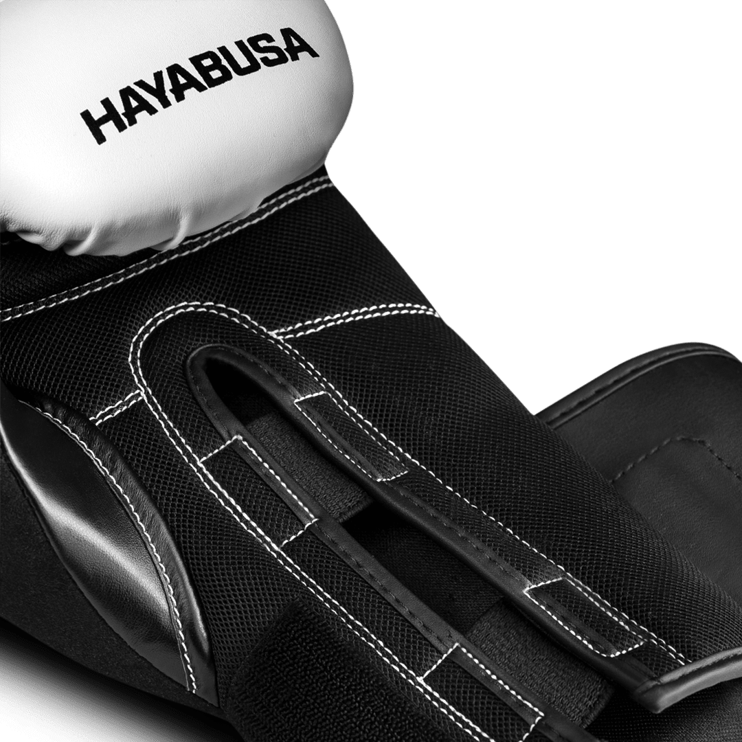 View of the palm of the white Hayabusa S4 glove with breathable ventilated mesh