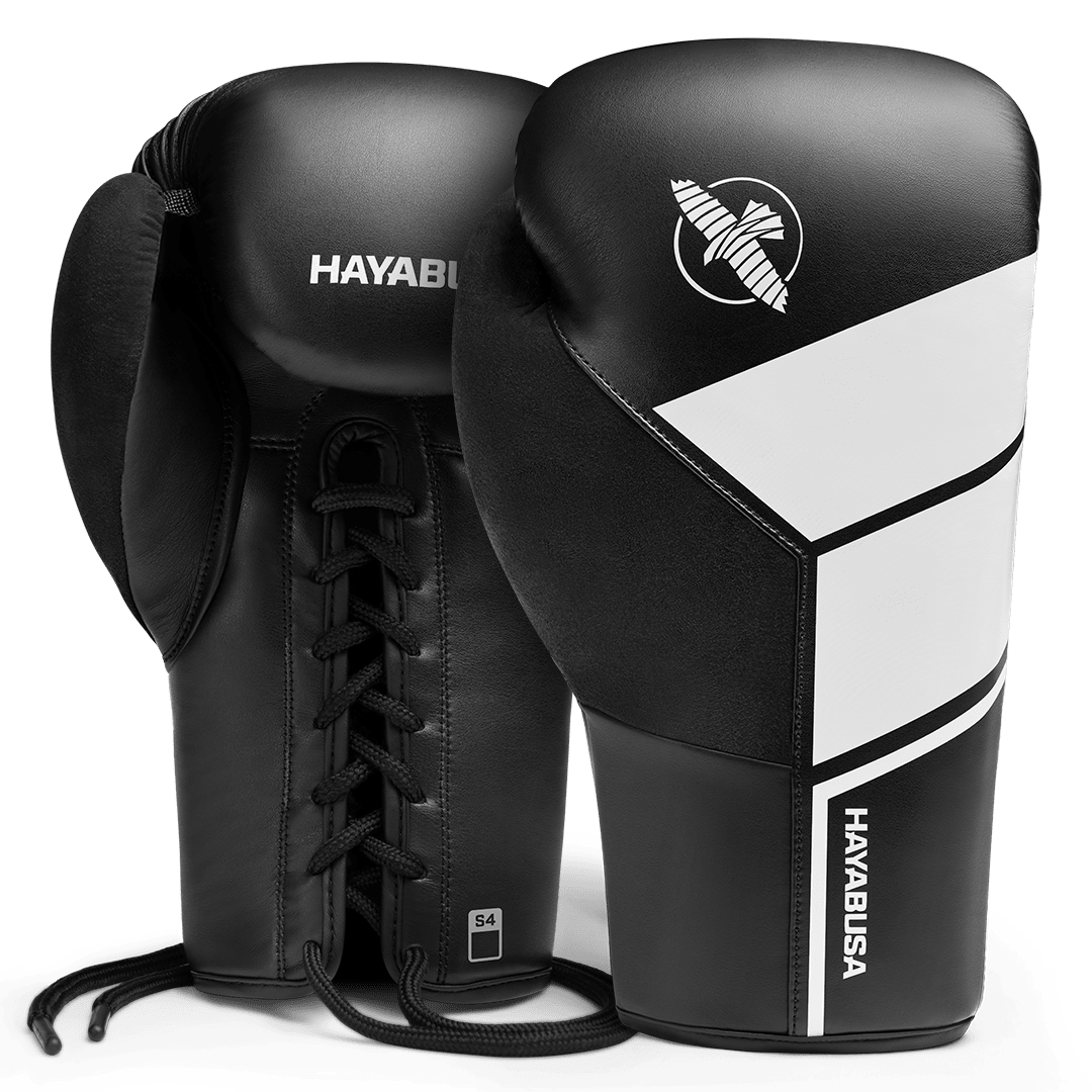 Pair of Hayabusa S4 boxing gloves with traditional black lace closure