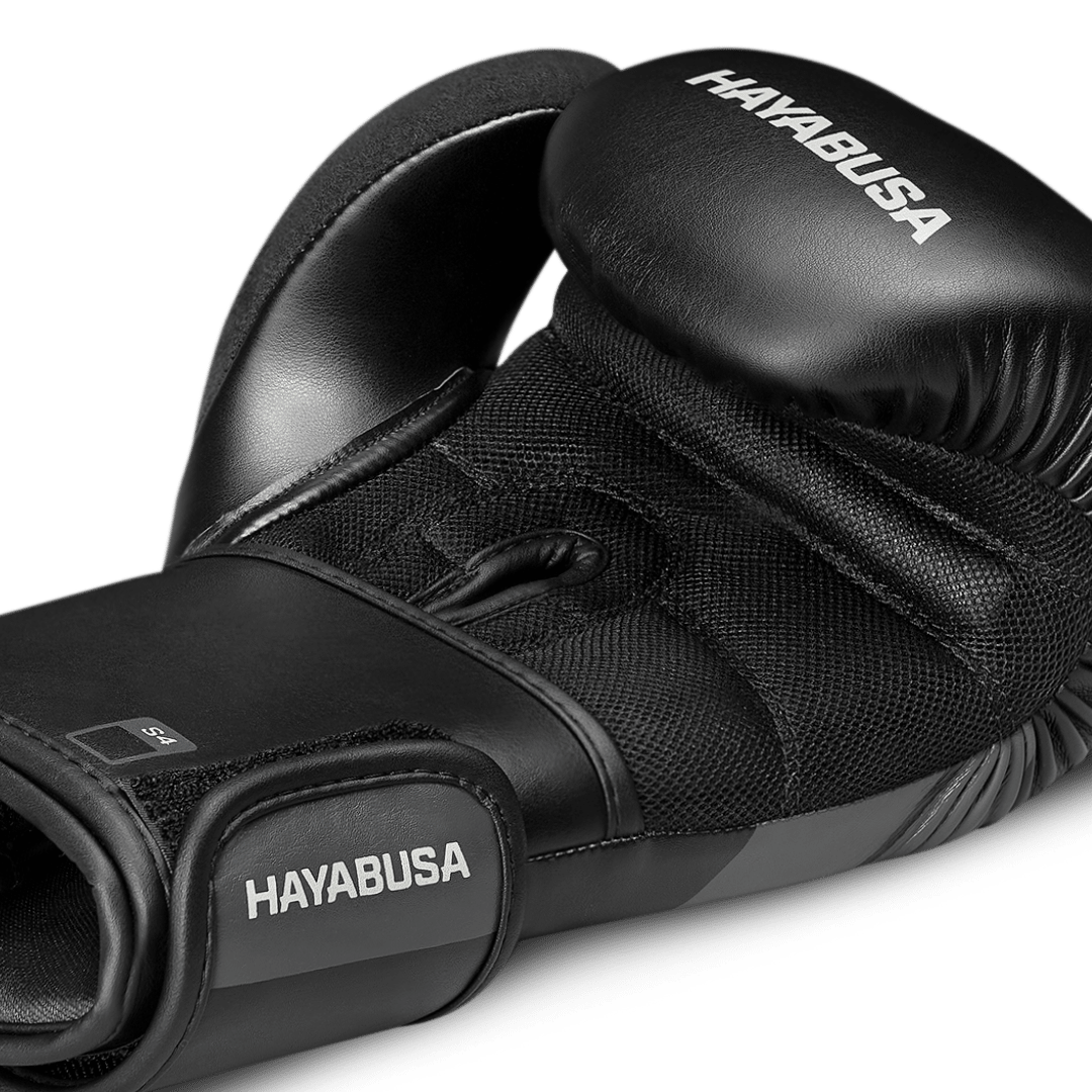 Internal view of the palm of the black Hayabusa S4 glove with integrated grip bar