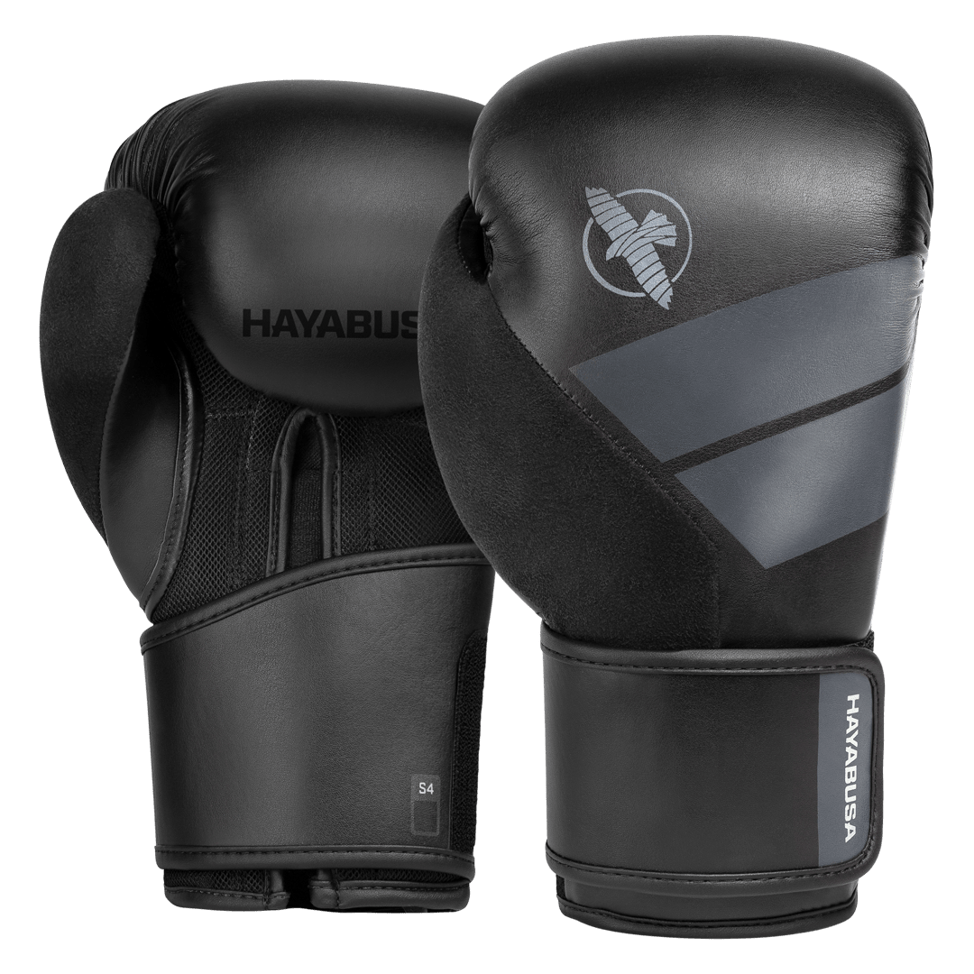 Pair of black Hayabusa S4 boxing gloves for training and fitness