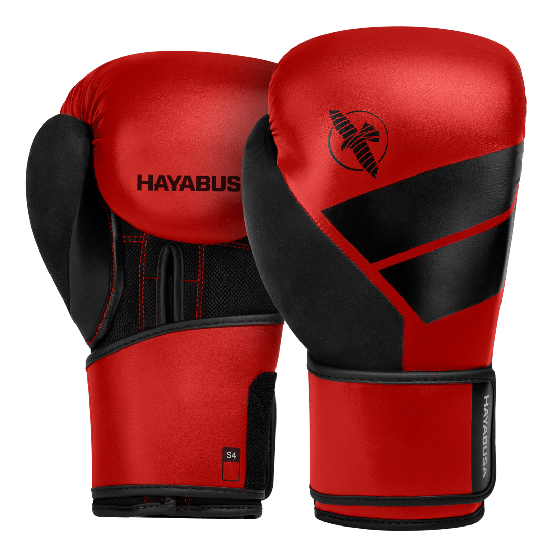 Pair of bright red Hayabusa S4 boxing gloves