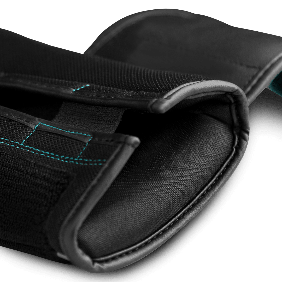 Detail of the hook and loop closure of the turquoise Hayabusa S4 glove