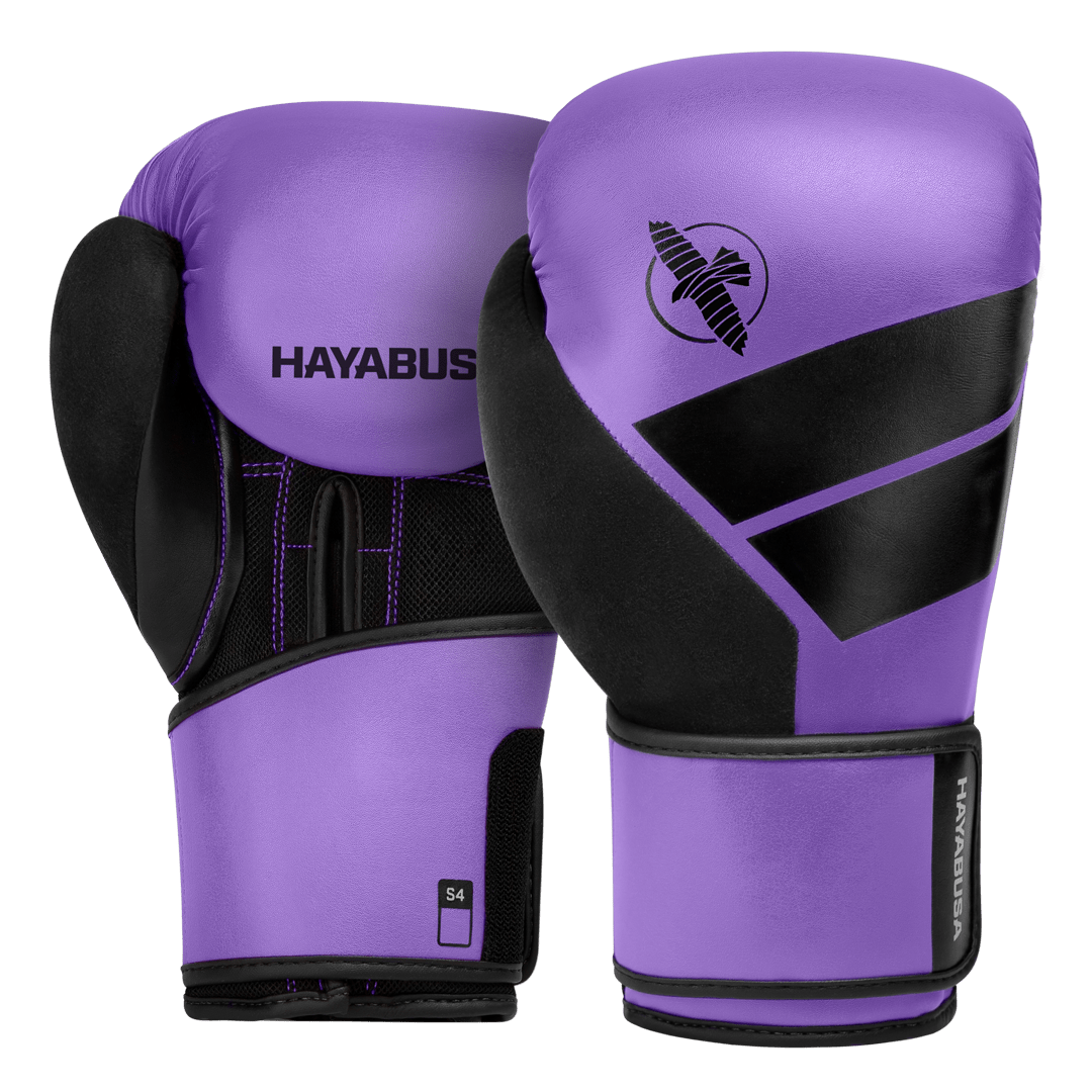 Pair of purple Hayabusa S4 gloves with protective injected foam
