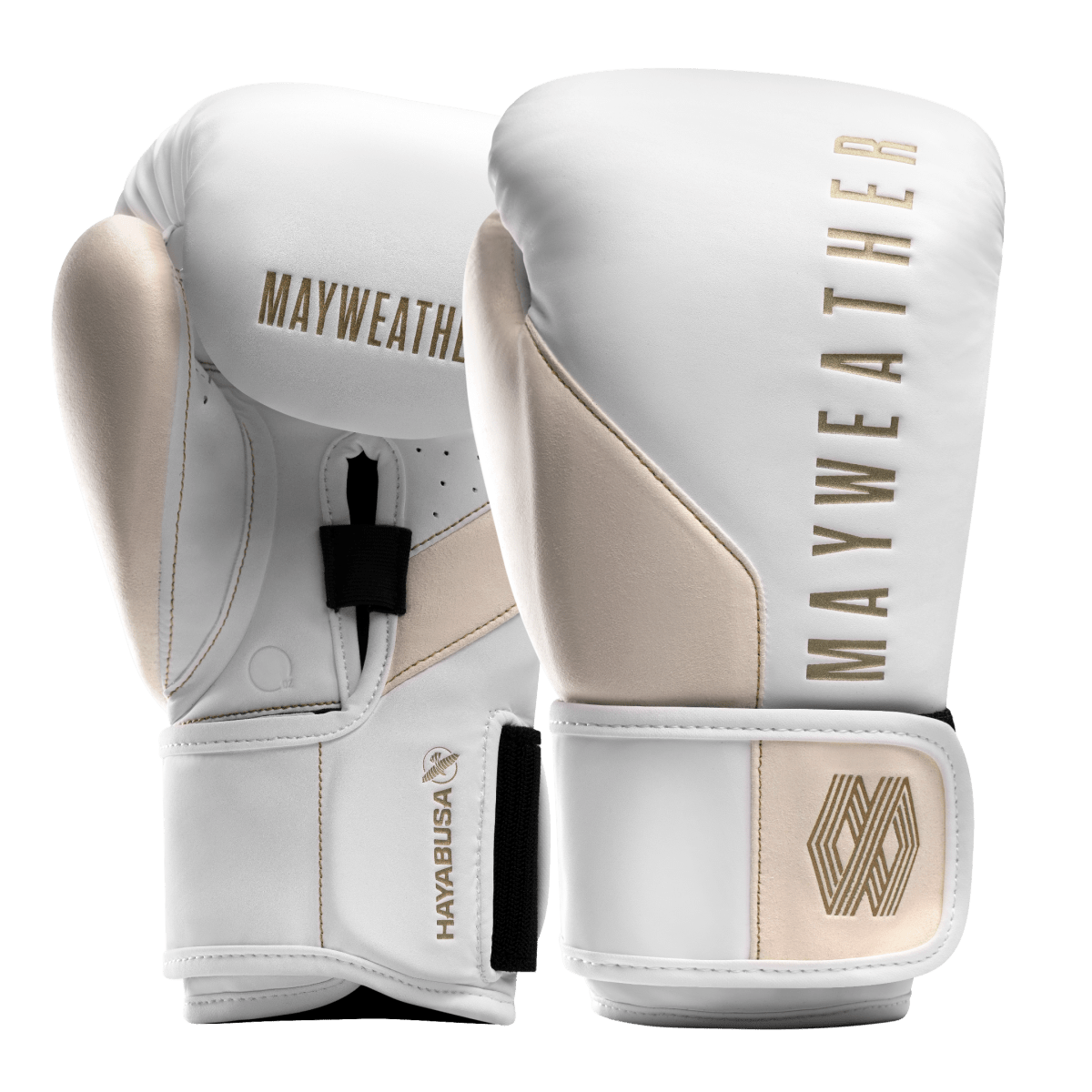 Gants de boxe Mayweather Champ blancs et dorés vus de face en gros plan