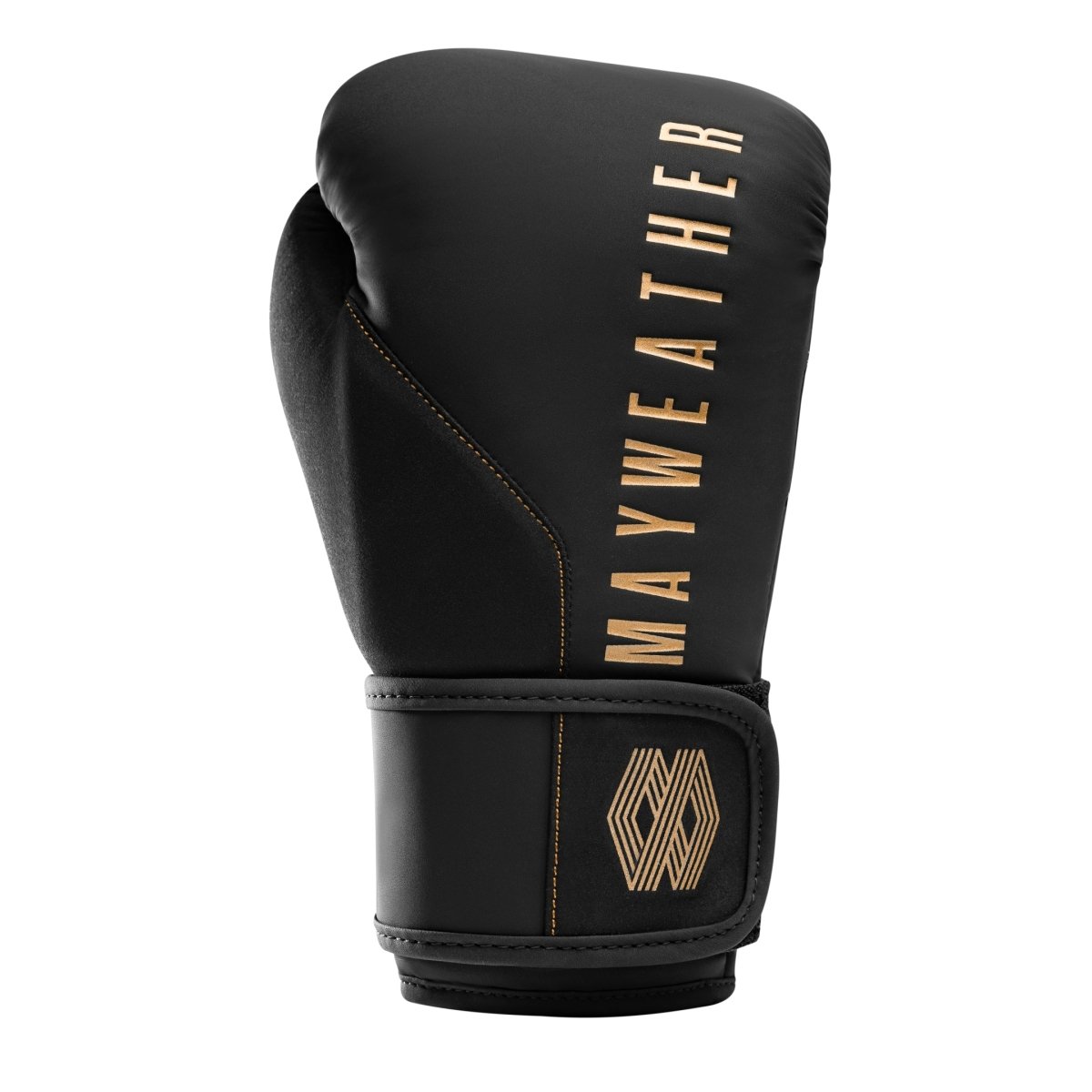 Détail du système de fermeture Dual-X et du support de poignet Triple-Splint des gants Mayweather Champ en or noir