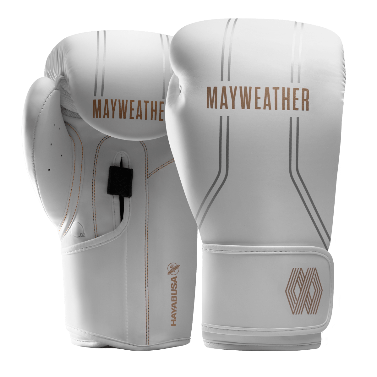 Paar witte en gouden Mayweather Hayabusa Contender bokshandschoenen, vooraanzicht