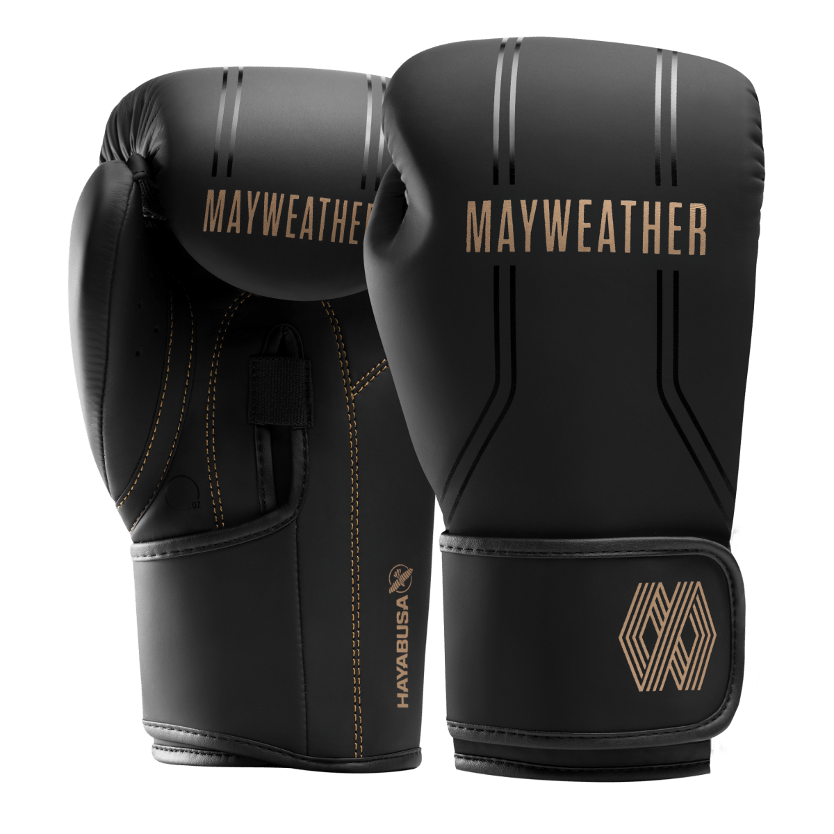 Paar zwart en goud Mayweather Hayabusa Contender bokshandschoenen, totaaloverzicht