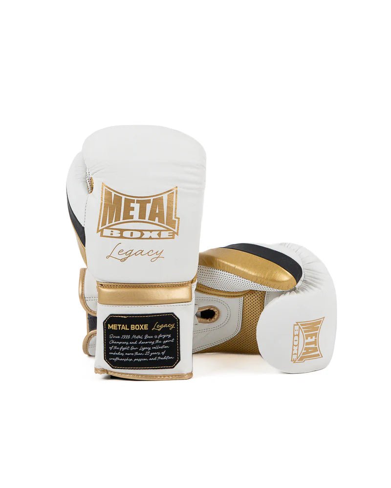 Pereche de manusi albe Metal Boxing Legacy, design lucrat manual cu sireturi