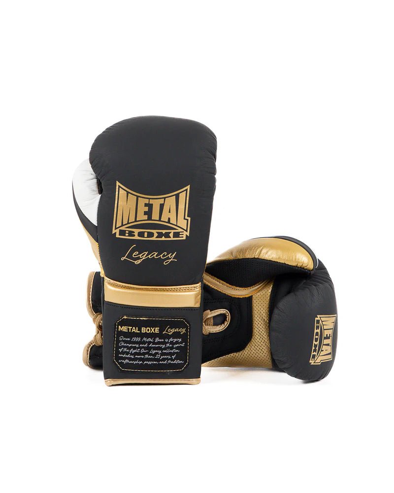Paar zwarte Metal Boxing Legacy paardenhaarhandschoenen, Mexicaanse stijl met veters