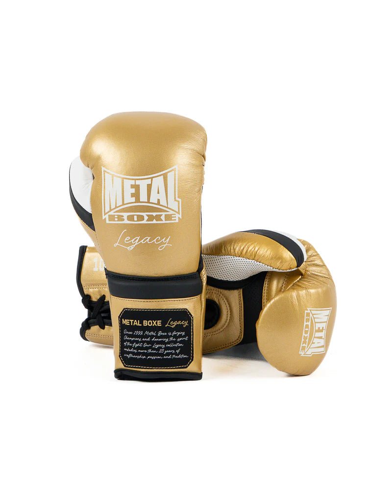 Paar gouden Metal Boxing Legacy paardenhaarhandschoenen, elite gevechtseditie