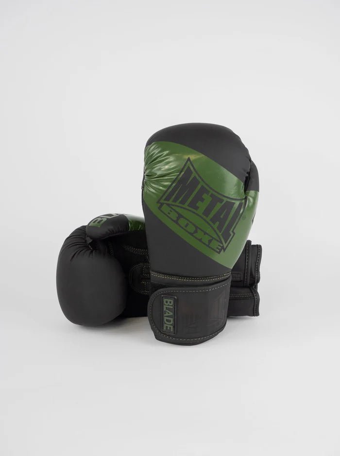 Front view of the black and khaki Metal Boxing Blade gloves