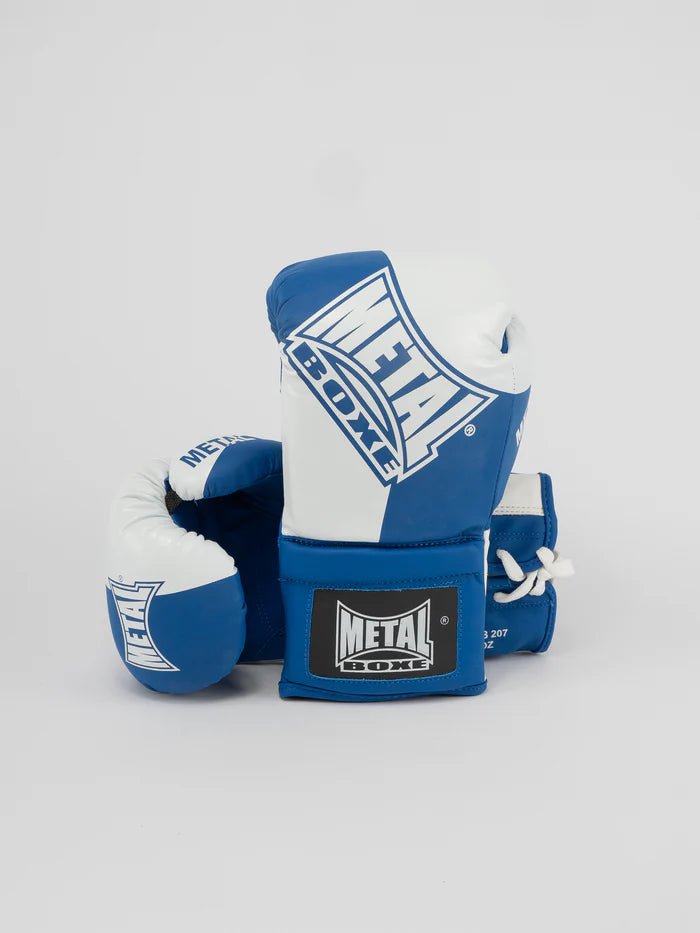 Vooraanzicht van blauwe Metal Boxing Competition-handschoenen, tweekleurig professioneel ontwerp