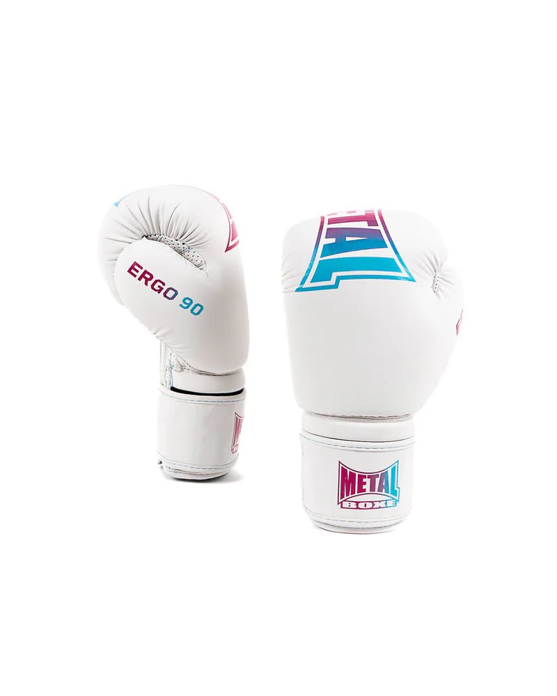 Par de luvas brancas Metal Boxing Ergo 90 Miami Vibe, design anatômico profissional para boxe.