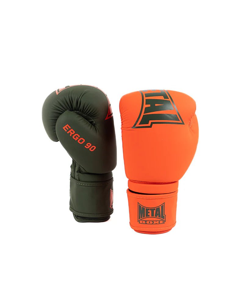 Par de luvas Metal Boxing Ergo 90 bicolores verdes e laranja, acolchoamento técnico injetado.