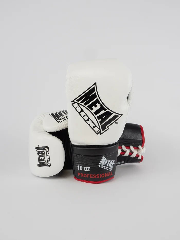 Vedere frontală a mănușilor profesionale Metal Boxing Pro Sirius albe