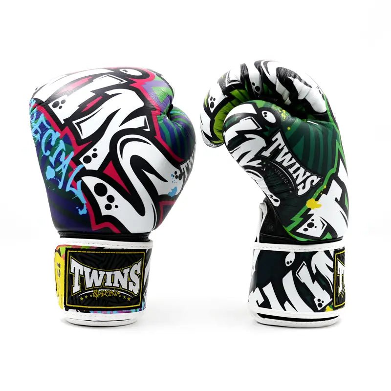 Twins Special Muay Thai gloves with artistic Graffiti graphics front view.