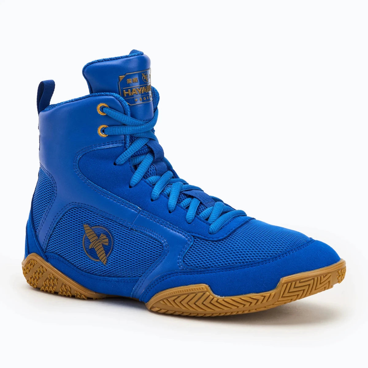 Vue de face des chaussures de boxe bleues Hayabusa Pro pour un jeu de jambes explosif.