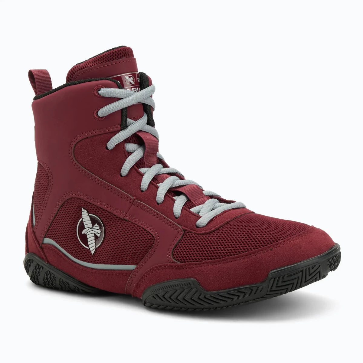 Chaussures de boxe de style professionnel Hayabusa Pro bordeaux, vue de face.