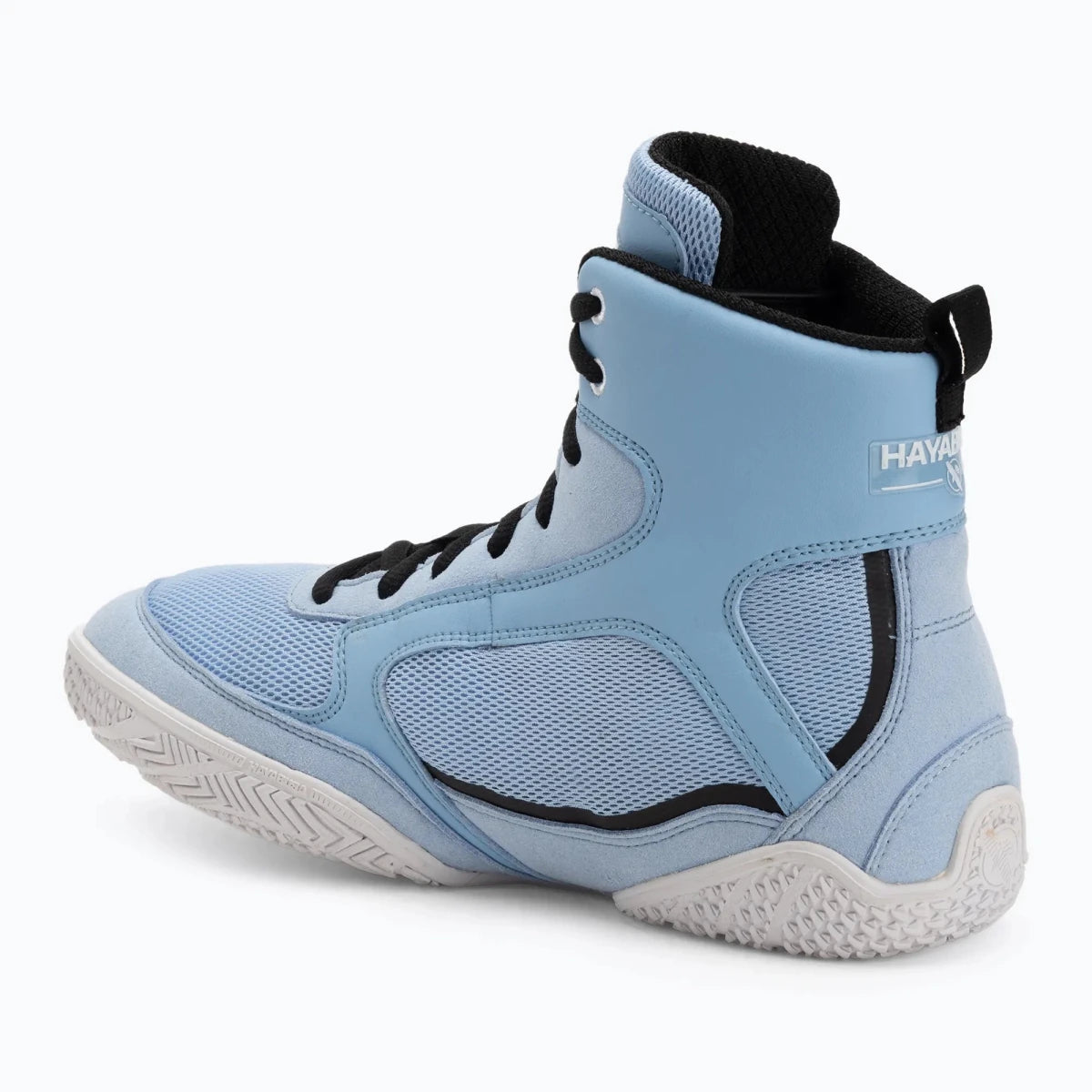 Vue de profil Chaussures de boxe Hayabusa Pro bleu clair légères et ventilées.