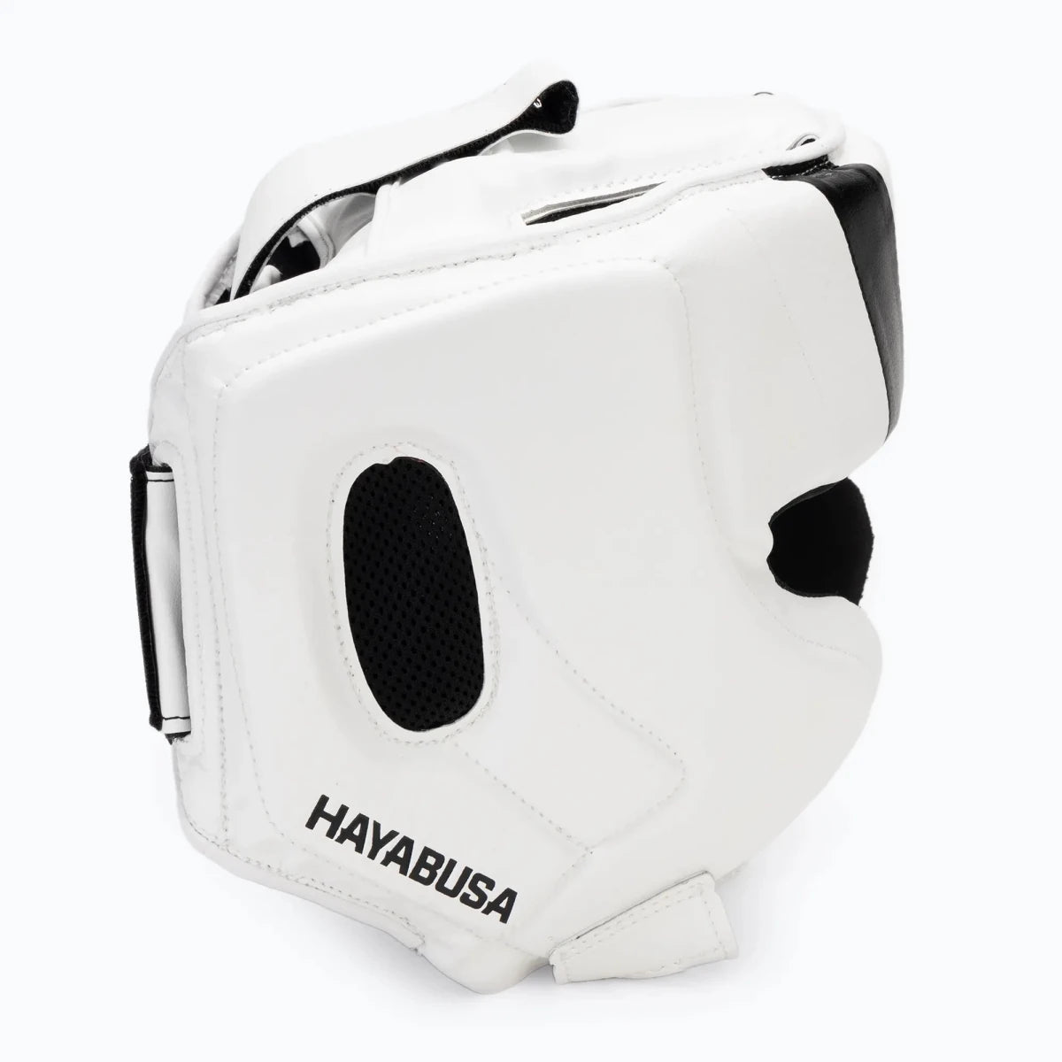 Bílý profil helmy Hayabusa T3 s ventilovanou ochranou sluchu.