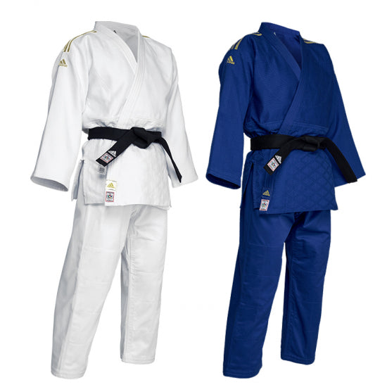 Judogi Adidas J730 IJF Champion III con strisce oro BLU