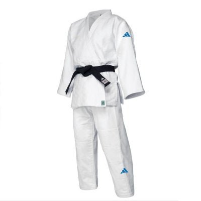 Judogi Adidas J730 Champion III Slimfit blanc avec logo bleu clair vue de face complète