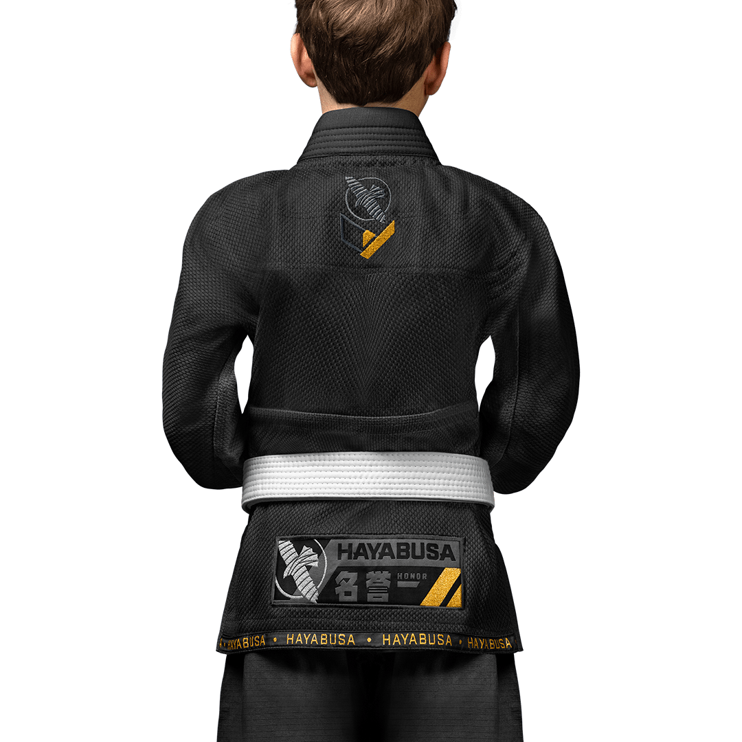 Vue arrière du Gi noir Hayabusa pour enfant, tissu tissé doré résistant