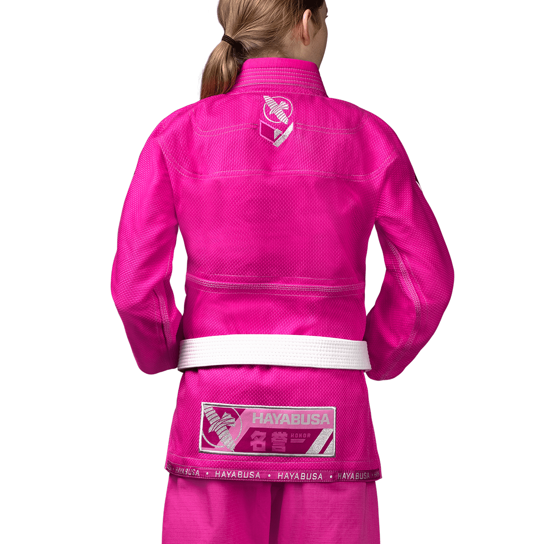 Vue arrière du kimono JJB Hayabusa rose avec renforts aux épaules