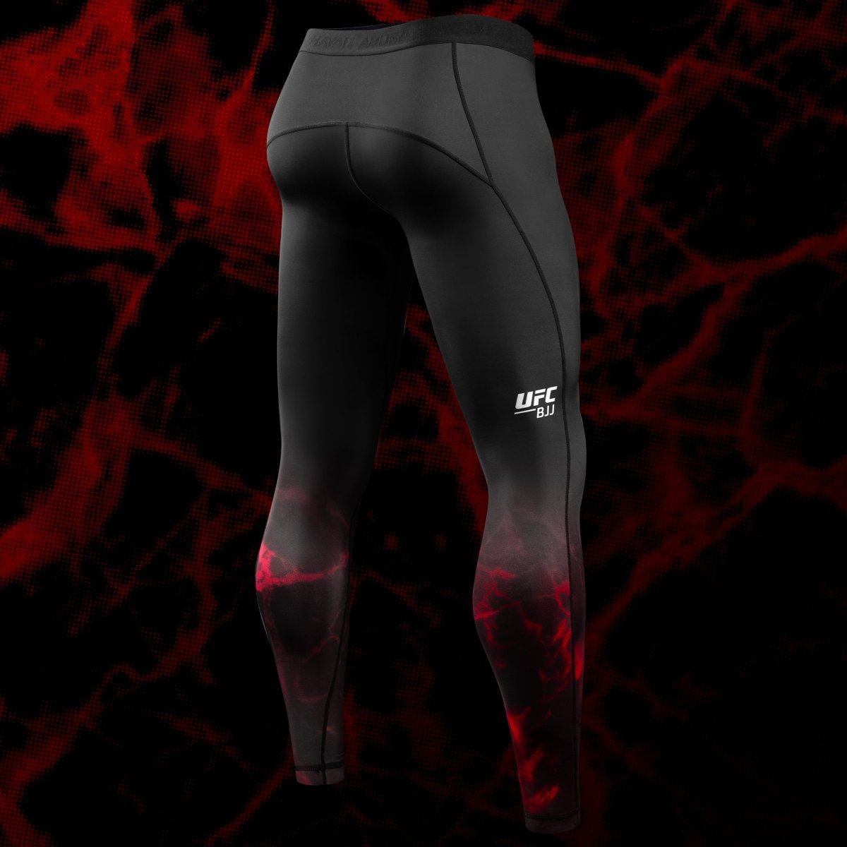 Vista traseira da legging UFC BJJ Spats preta e vermelha, mostrando o corte ergonômico e costuras flatlock