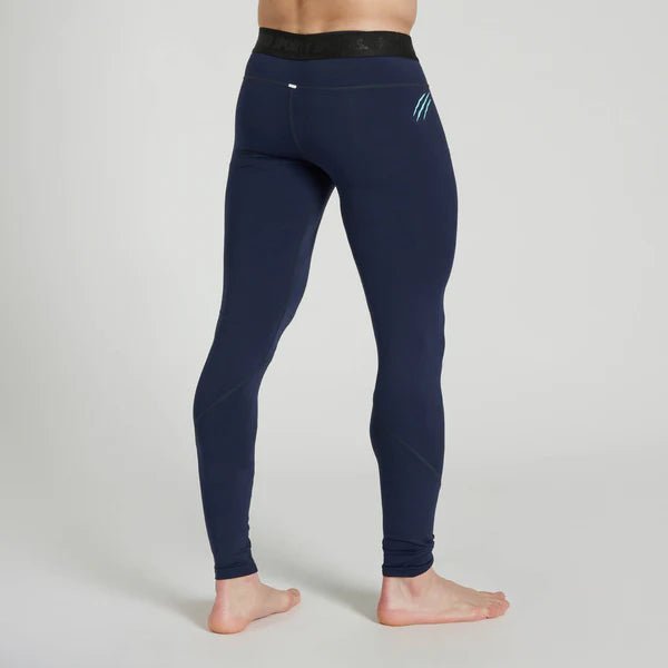 Vista traseira das leggings Leone azuis, proteção contra abrasão