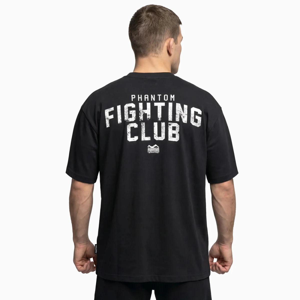 Vue arrière du t-shirt Phantom noir oversize avec le grand graphisme Fighting Club dans le dos