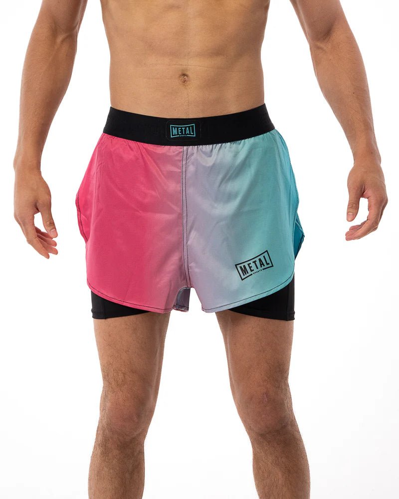 Vista frontal principal Shorts 2 em 1 Metal Boxing Miami Vibe usados em cores brilhantes para preparação física de combate