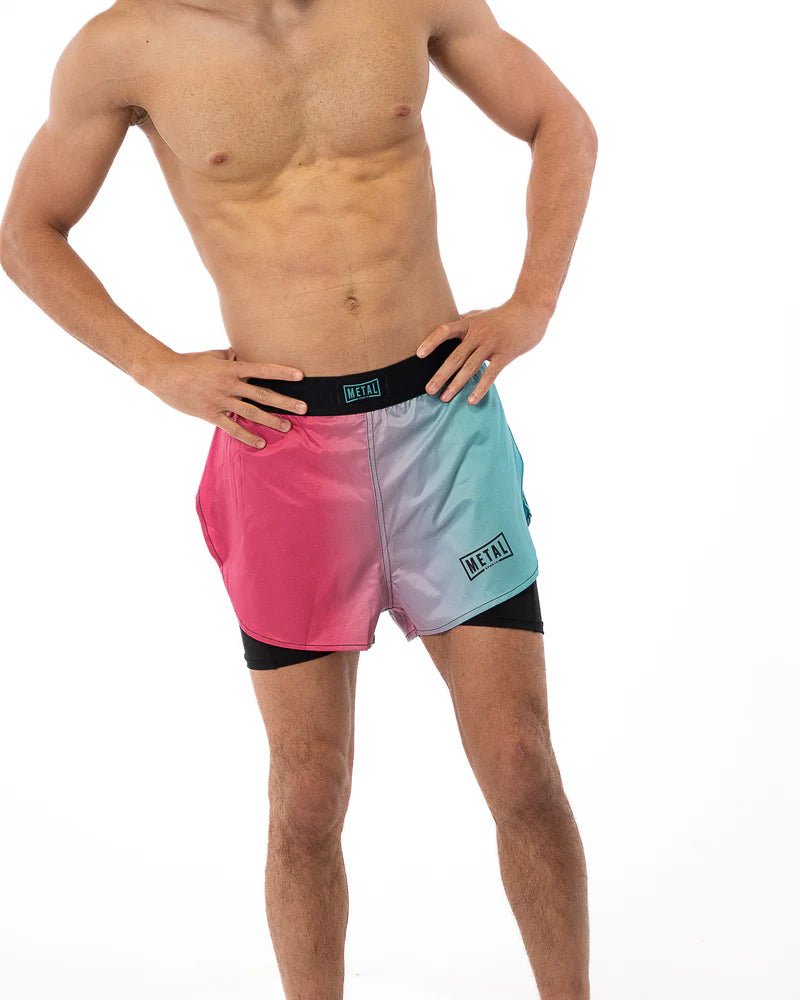 Vista frontal principal Shorts 2 em 1 Metal Boxing Miami Vibe usados em cores brilhantes para preparação física de combate