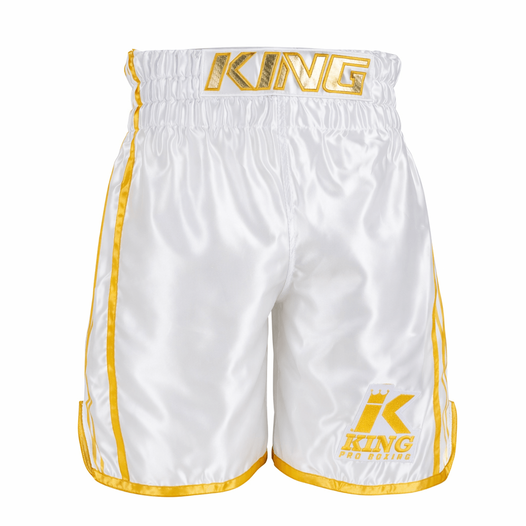 Shorts de boxe branco King Pro Boxing XK Series em cetim brilhante de alta qualidade