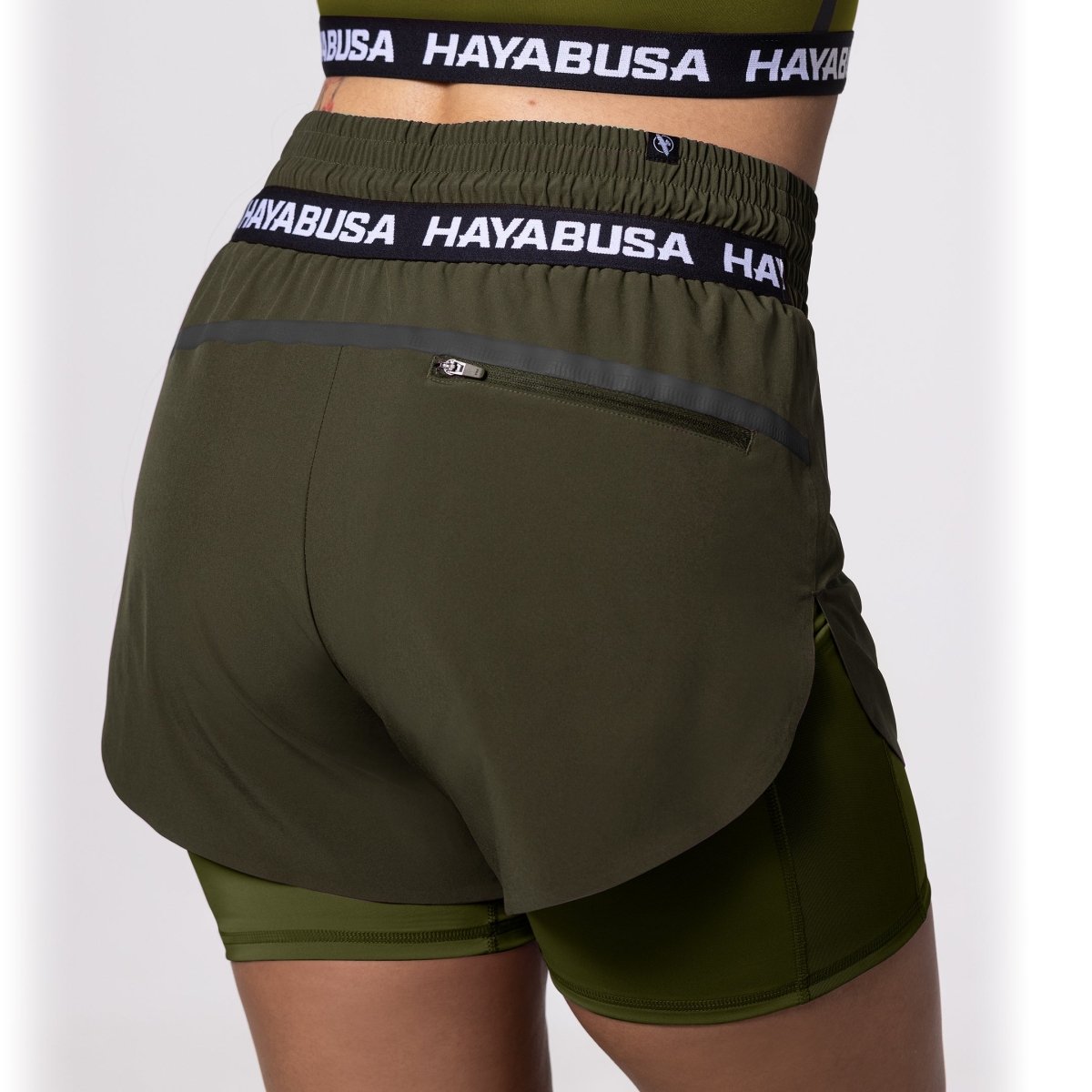 Vue arrière du short Hayabusa vert olive avec taille élastique