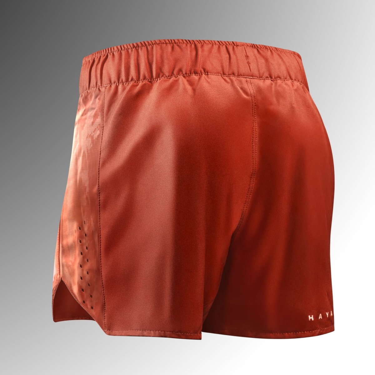 Achteraanzicht van de oranje Hayabusa Apex-short, versterkte flatlocknaden voor superieure duurzaamheid